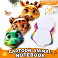 Cartoon animal notebook set featuring giraffe, tiger, dinosaur, and elephant animal masks, with rainbow-colored pages and an open notebook on a white background. Text reads 'CARTOON ANIMAL NOTEBOOK' and 'CARTOON ANIMAL SERIES'.