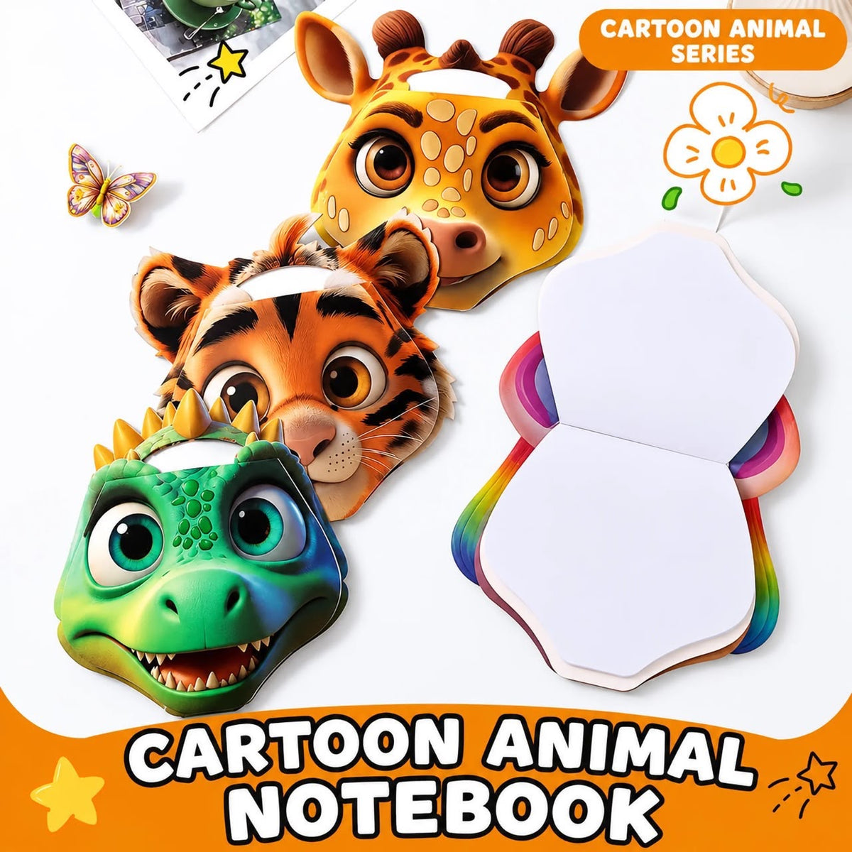 Cartoon animal notebook set featuring giraffe, tiger, dinosaur, and elephant animal masks, with rainbow-colored pages and an open notebook on a white background. Text reads 'CARTOON ANIMAL NOTEBOOK' and 'CARTOON ANIMAL SERIES'.