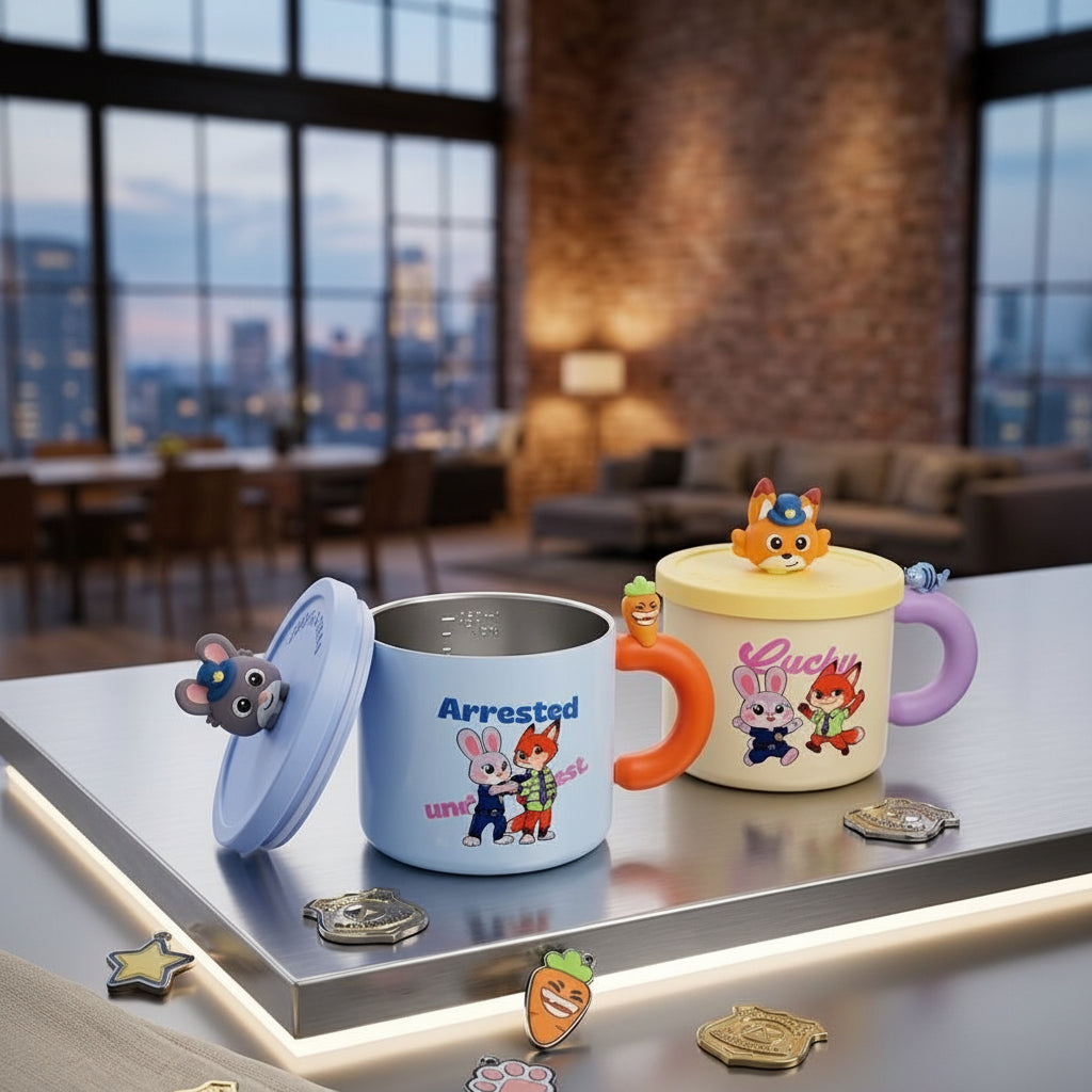 Two Zooopia Gear enamel mugs displayed on a metallic counter in a modern office setting. One mug is light blue with a blue lid and cartoon characters, and the other is pale yellow with a purple handle and a cartoon character on top of the lid.
