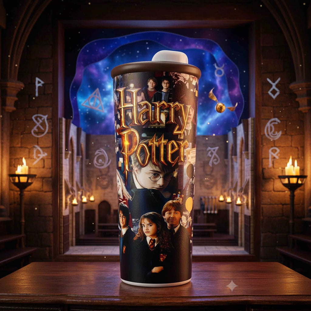 A Harry Potter themed travel tumbler with a printed design of characters and the golden 'Harry Potter' logo, displayed on a wooden surface with a magical castle and starry sky background.
