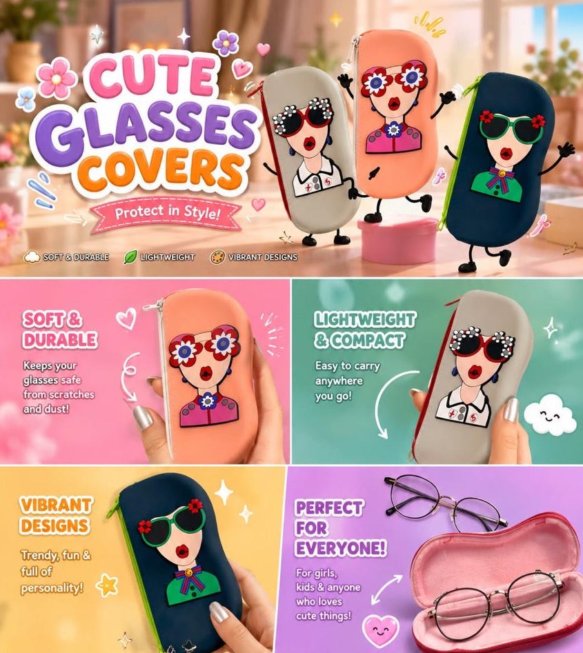 A promotional collage for cute glasses covers, showing multiple cartoon-style protective eyeglass cases in pink, peach, and navy with colorful illustrated faces and sunglasses. The layout includes text callouts such as 'Cute Glasses Covers,' 'Protect in Style!,' and feature highlights like soft/durable, lightweight/compact, and vibrant designs, plus a 'Shop Now' button.