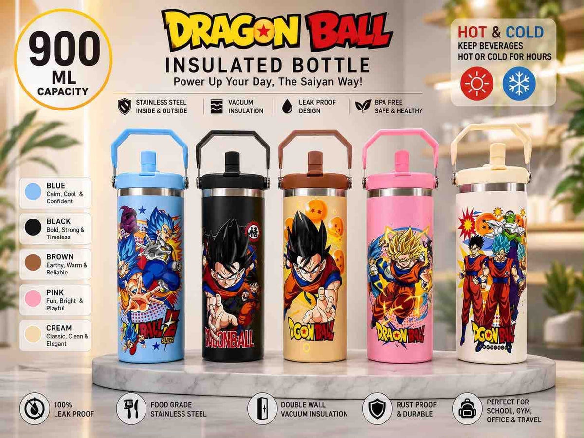 Dragon Ball themed insulated water bottles displayed on a marble pedestal with product features, capacity, and color options shown in a promotional infographic layout.