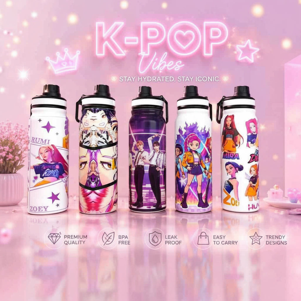 Six insulated water bottles with black caps are lined up against a pink glittery background with the text 'K-POP Vibes' and character prints on each bottle.