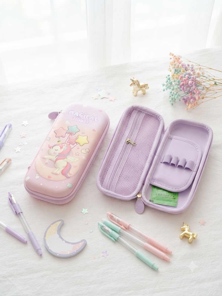 A pastel purple and pink zippered pencil case shown open and closed on a white fabric surface. The closed case features a unicorn illustration and the word 'Princess', while the open case reveals mesh compartments, a pen slot, and small pockets.